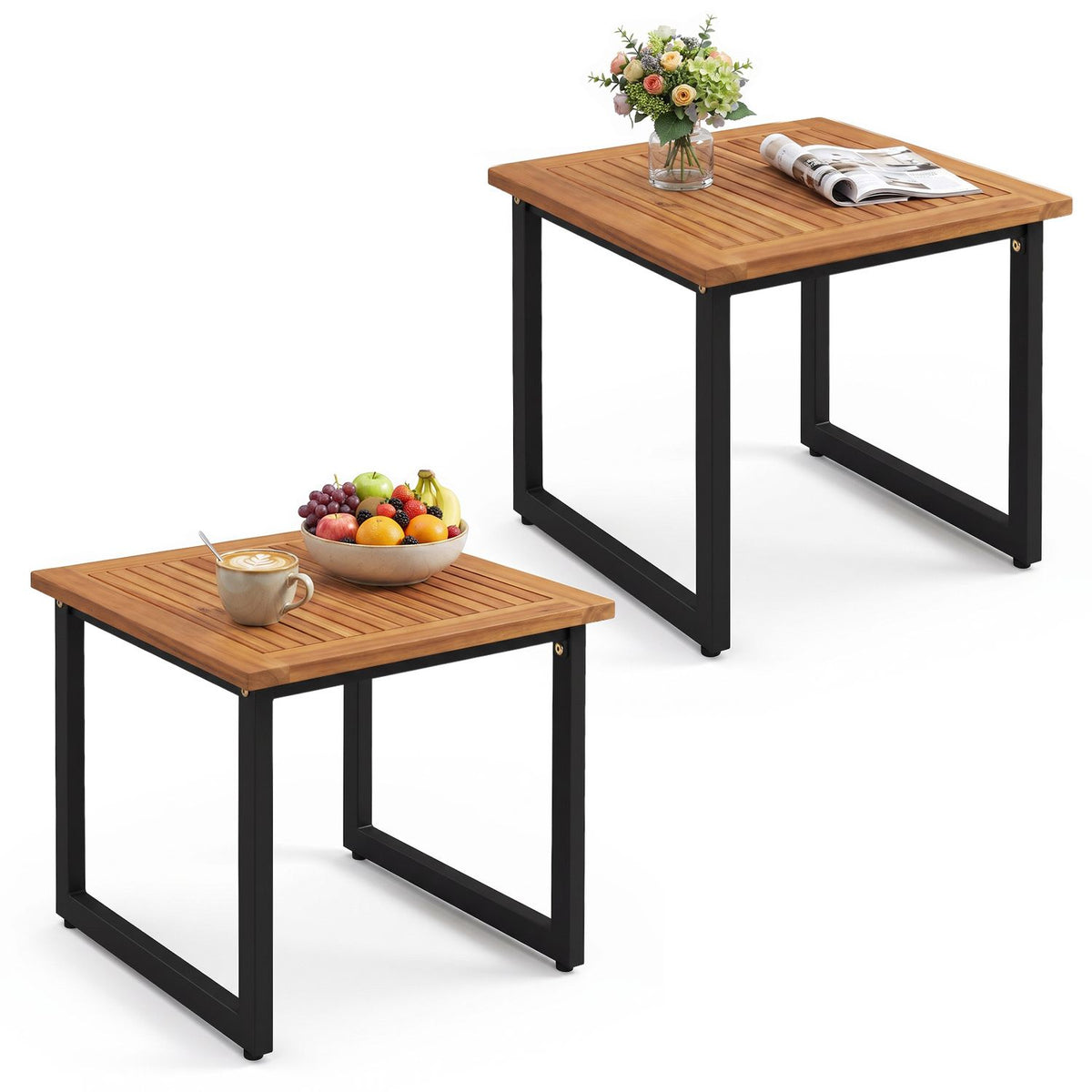 Pair of 18-inch square acacia wood outdoor patio side tables with slatted tops, perfect for outdoor and patio seating areas.