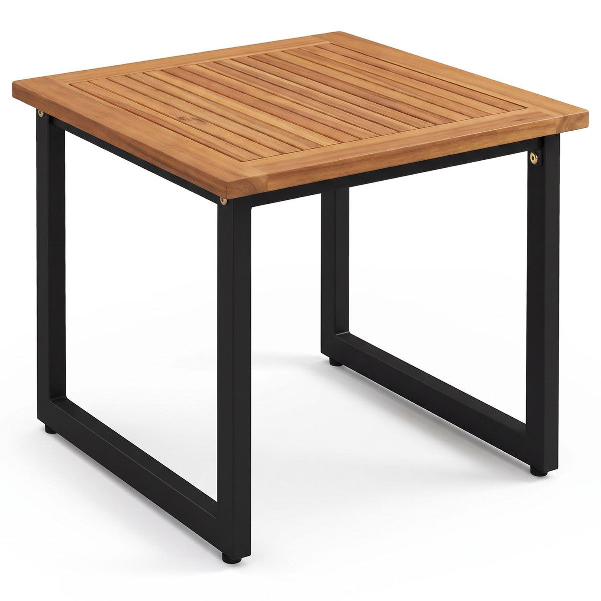 Set of 2 18-inch square acacia wood outdoor patio side tables with slatted tops, ideal for outdoor and patio use.