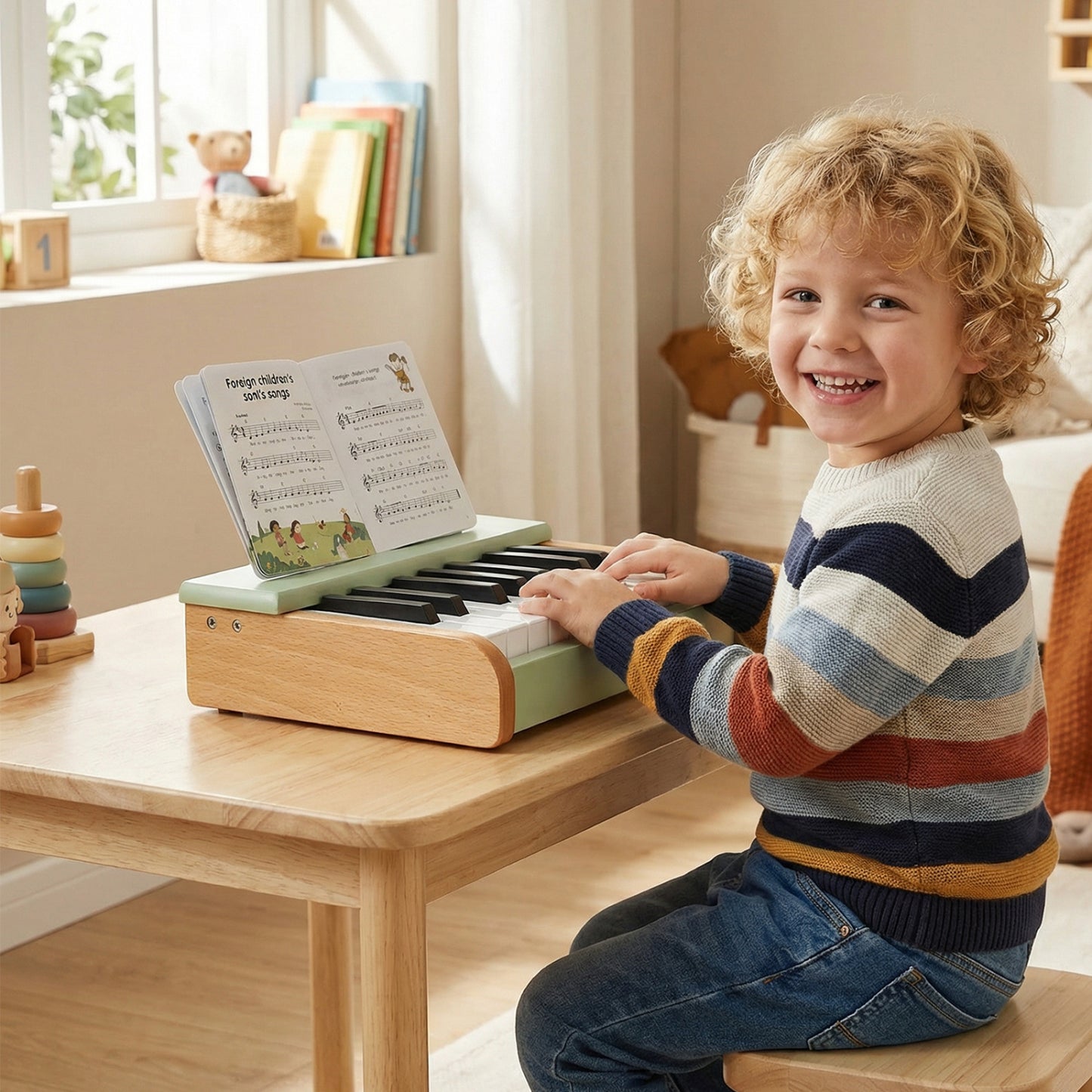 Green 18-key wooden kids' piano with removable music stand, ideal for early musical play and learning.