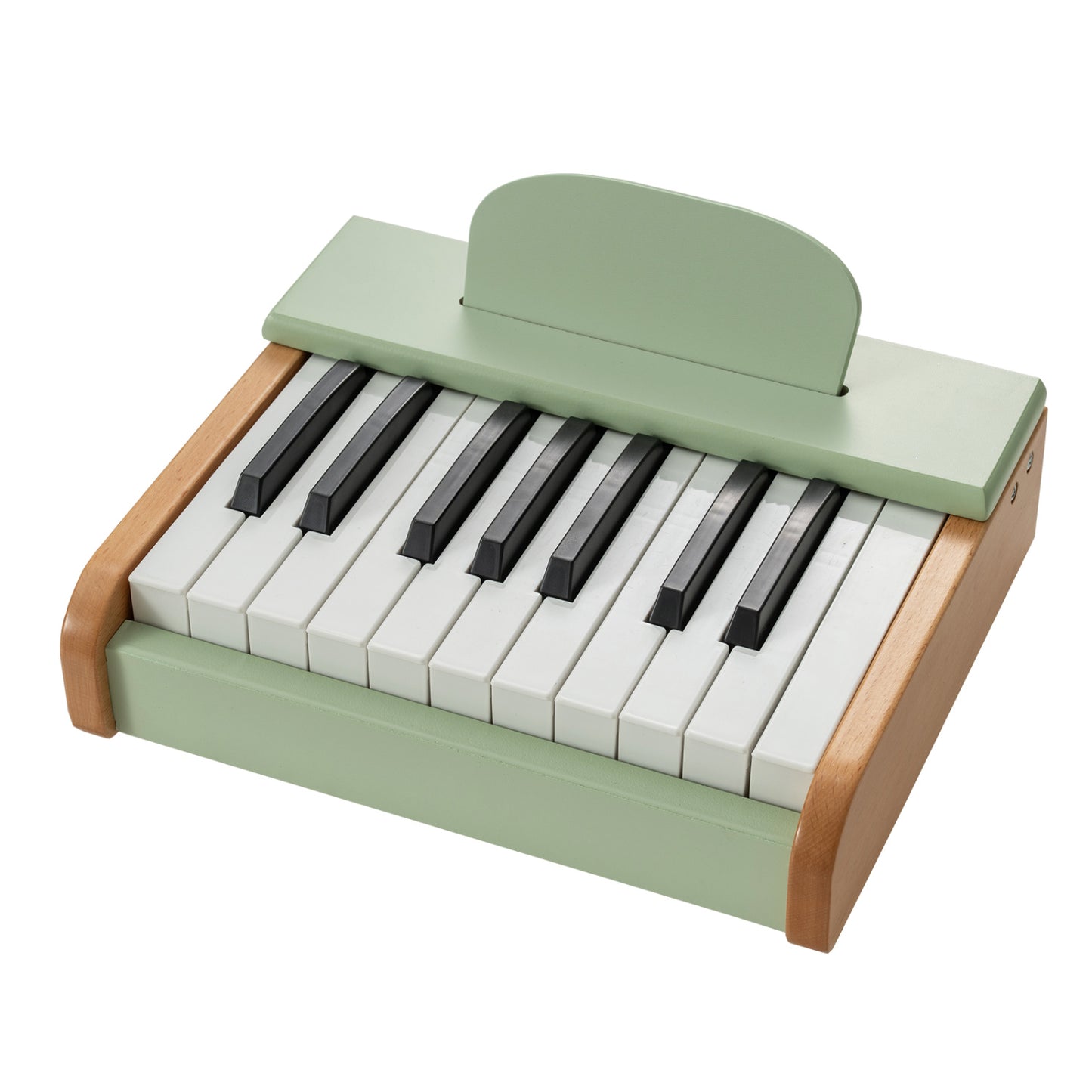 Green 18-key wooden toy piano for kids with removable music stand, designed for children’s musical play and learning.
