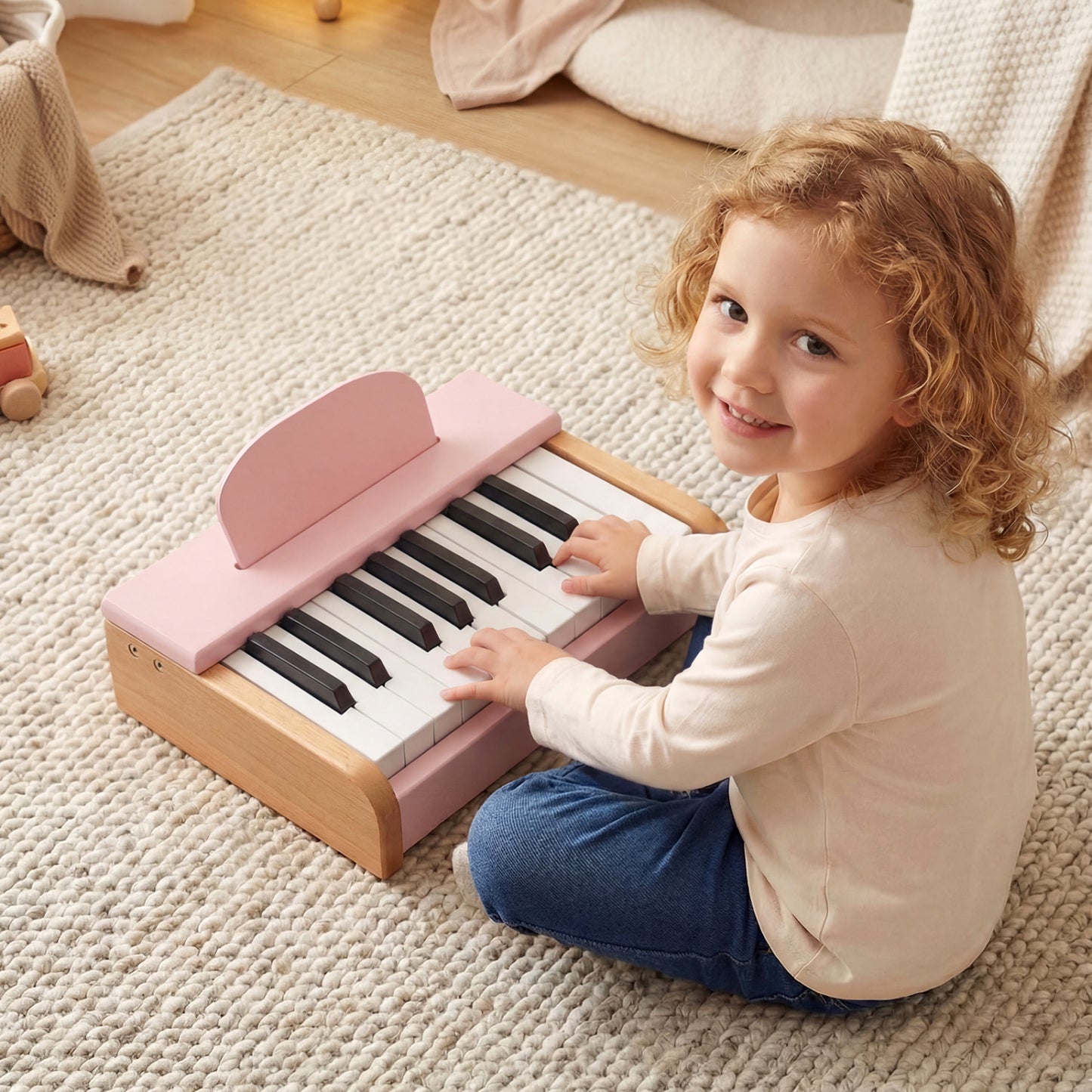 Green 18-key wooden piano for kids with removable music stand, ideal for beginner musical play and learning.