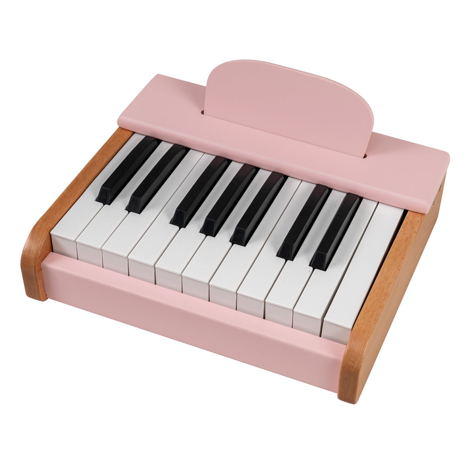 Green 18-key wooden kids' piano with removable music stand, ideal for children learning musical instruments.