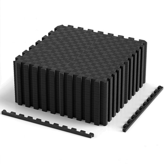 Set of 18 black EVA foam puzzle exercise mats with interlocking floor tiles for home gym or playroom flooring.