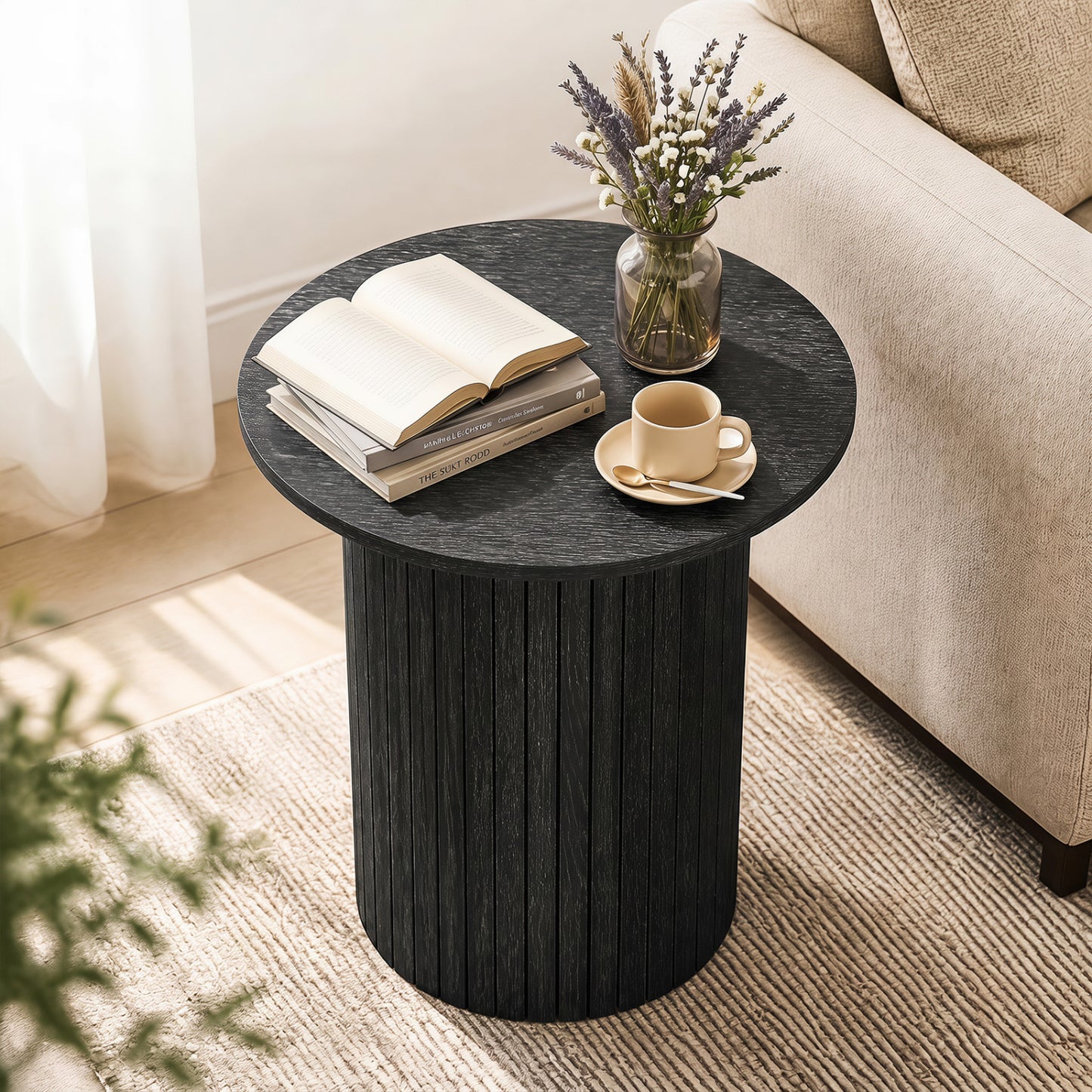 18" Round Fluted Side Table with Pedestal Drum Design and Non-Slip Foot Pads for Small Spaces-Black
