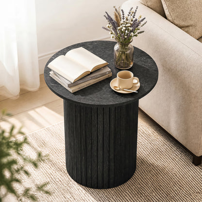 18" Round Fluted Side Table with Pedestal Drum Design and Non-Slip Foot Pads for Small Spaces-Black