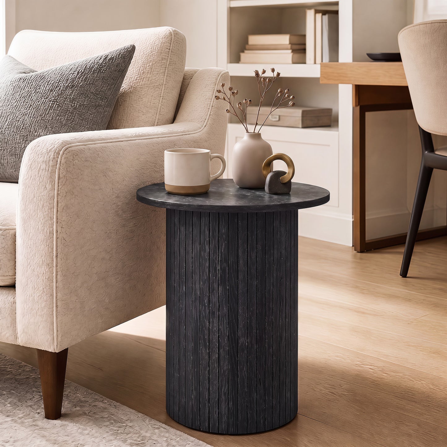 18" Round Fluted Side Table with Pedestal Drum Design and Non-Slip Foot Pads for Small Spaces-Black