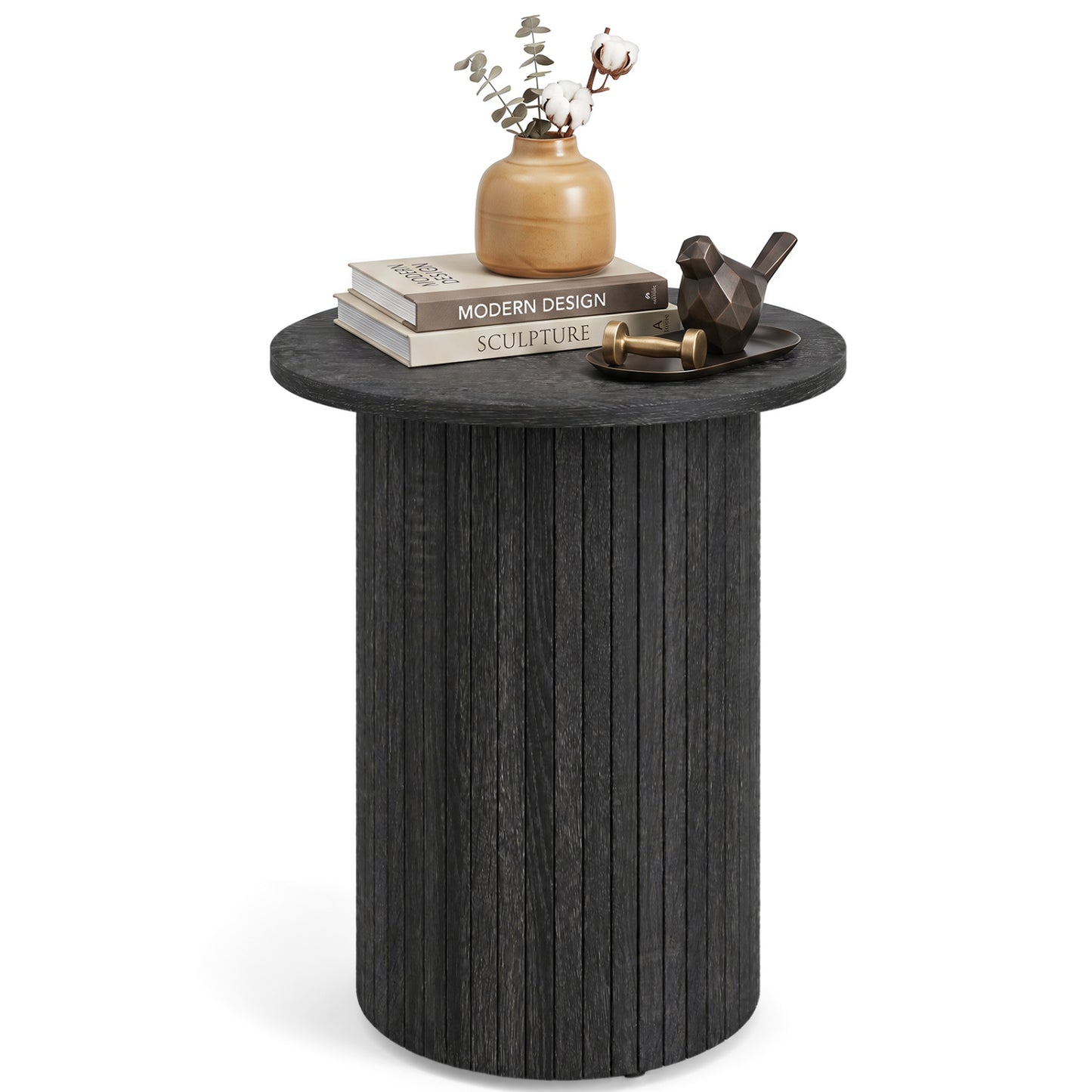 18" Round Fluted Side Table with Pedestal Drum Design and Non-Slip Foot Pads for Small Spaces-Black