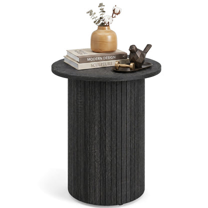 18" Round Fluted Side Table with Pedestal Drum Design and Non-Slip Foot Pads for Small Spaces-Black