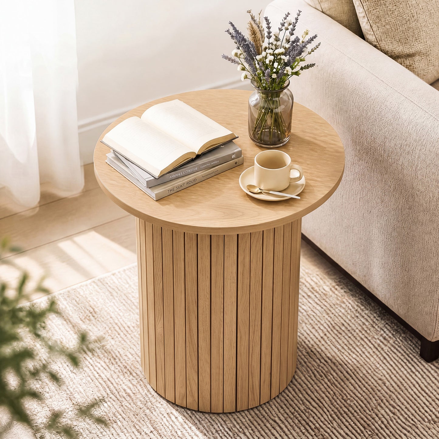18" Round Fluted Side Table with Pedestal Drum Design and Non-Slip Foot Pads for Small Spaces-Black
