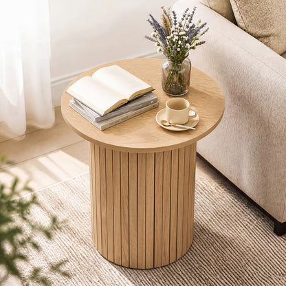 18" Round Fluted Side Table with Pedestal Drum Design and Non-Slip Foot Pads for Small Spaces-Black