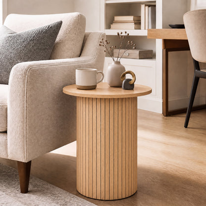 18" Round Fluted Side Table with Pedestal Drum Design and Non-Slip Foot Pads for Small Spaces-Black