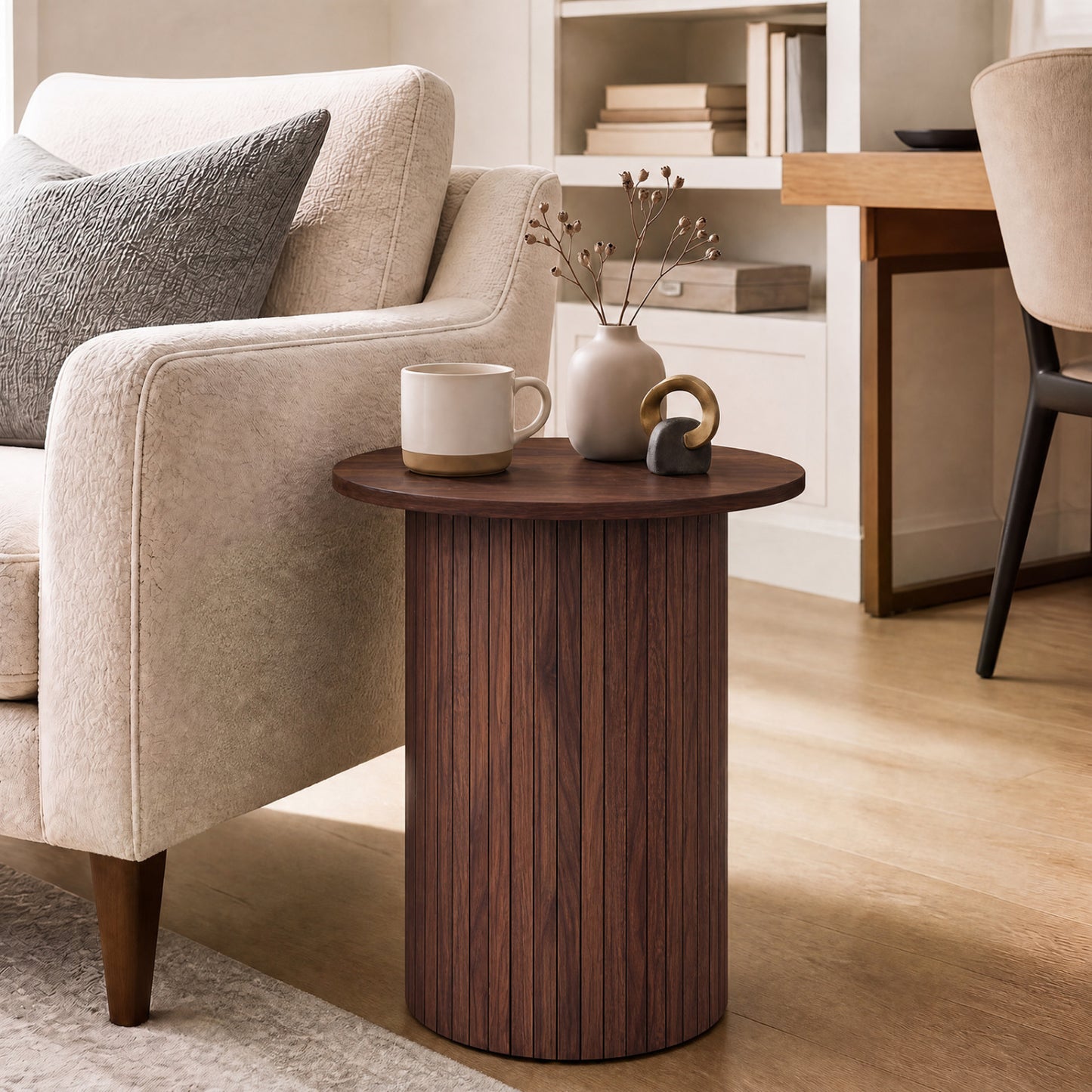 18" Round Fluted Side Table with Pedestal Drum Design and Non-Slip Foot Pads for Small Spaces-Black