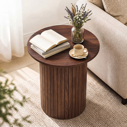 18" Round Fluted Side Table with Pedestal Drum Design and Non-Slip Foot Pads for Small Spaces-Black