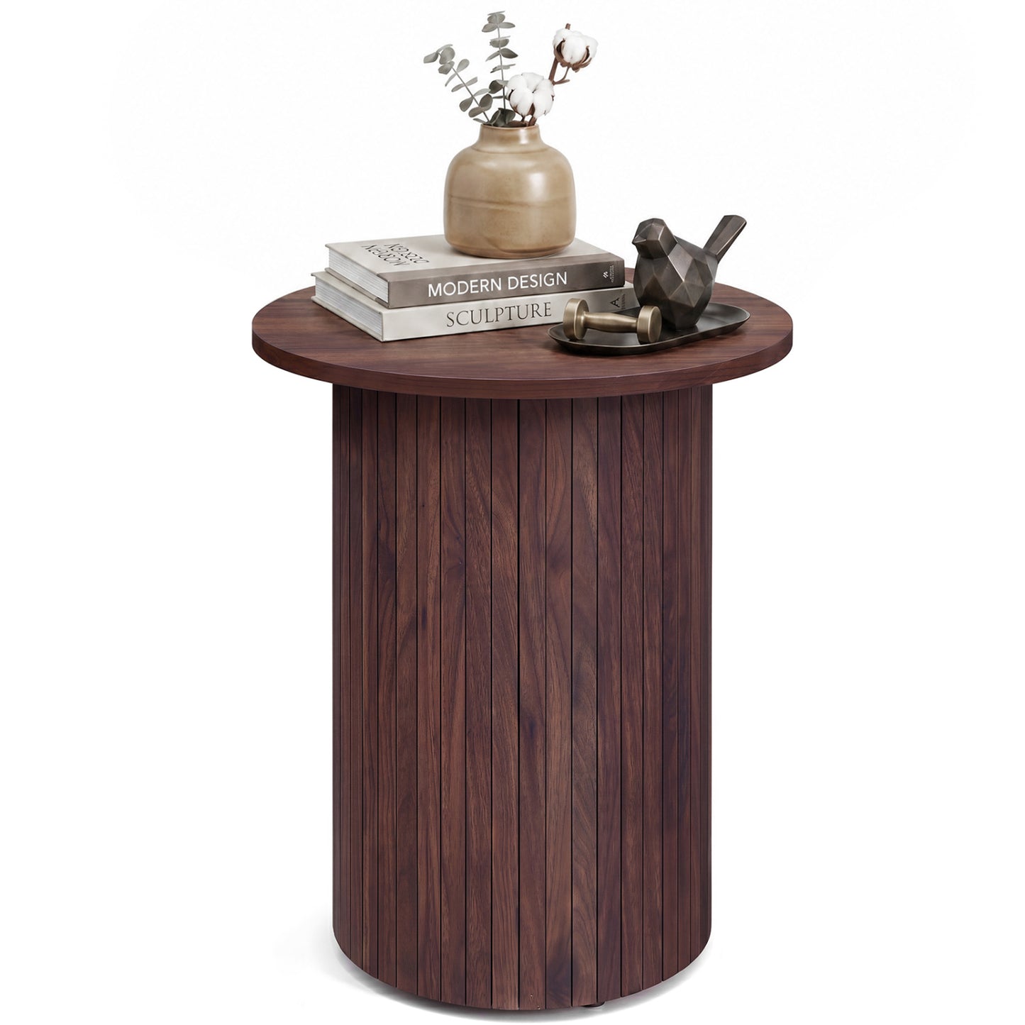 18" Round Fluted Side Table with Pedestal Drum Design and Non-Slip Foot Pads for Small Spaces-Black
