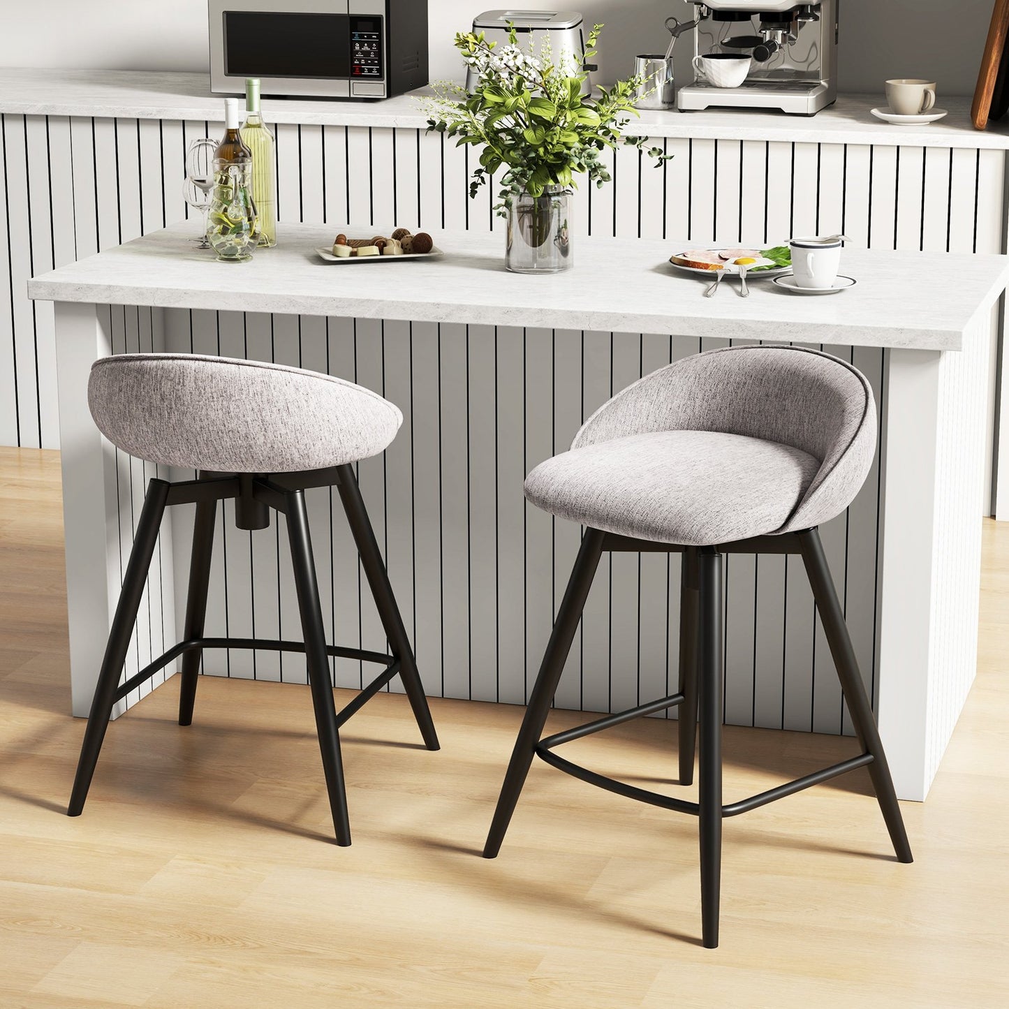 Upholstered Bar Stools Set of 2 with Footrest and Backrest-Beige