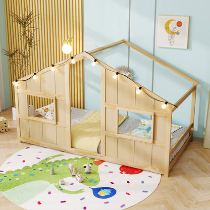 Twin Size House Bed with LED Lights Montessori Slat-free Floor Bed-Grey
