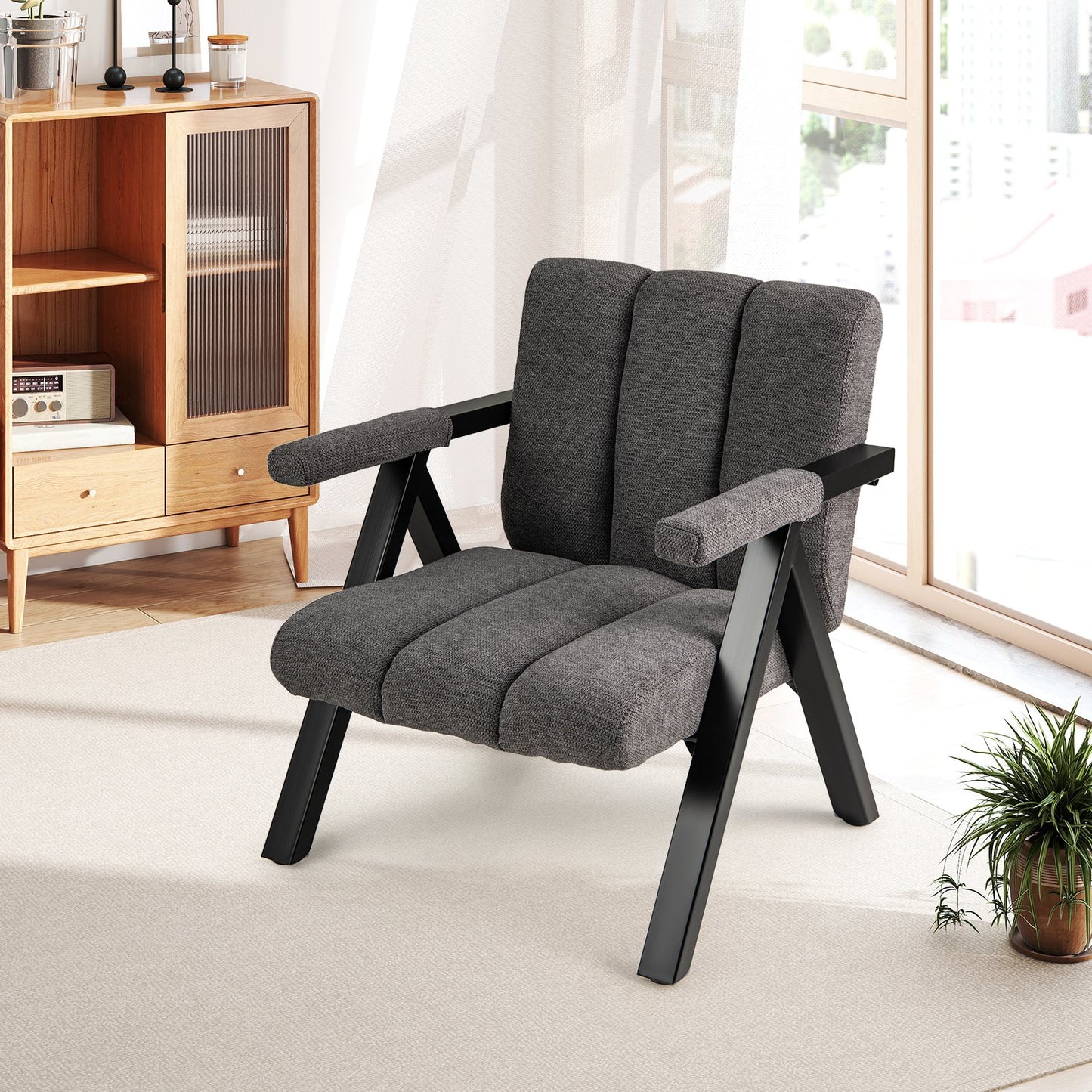 Oversized Accent Chair with Metal Frame and Armrests-Beige