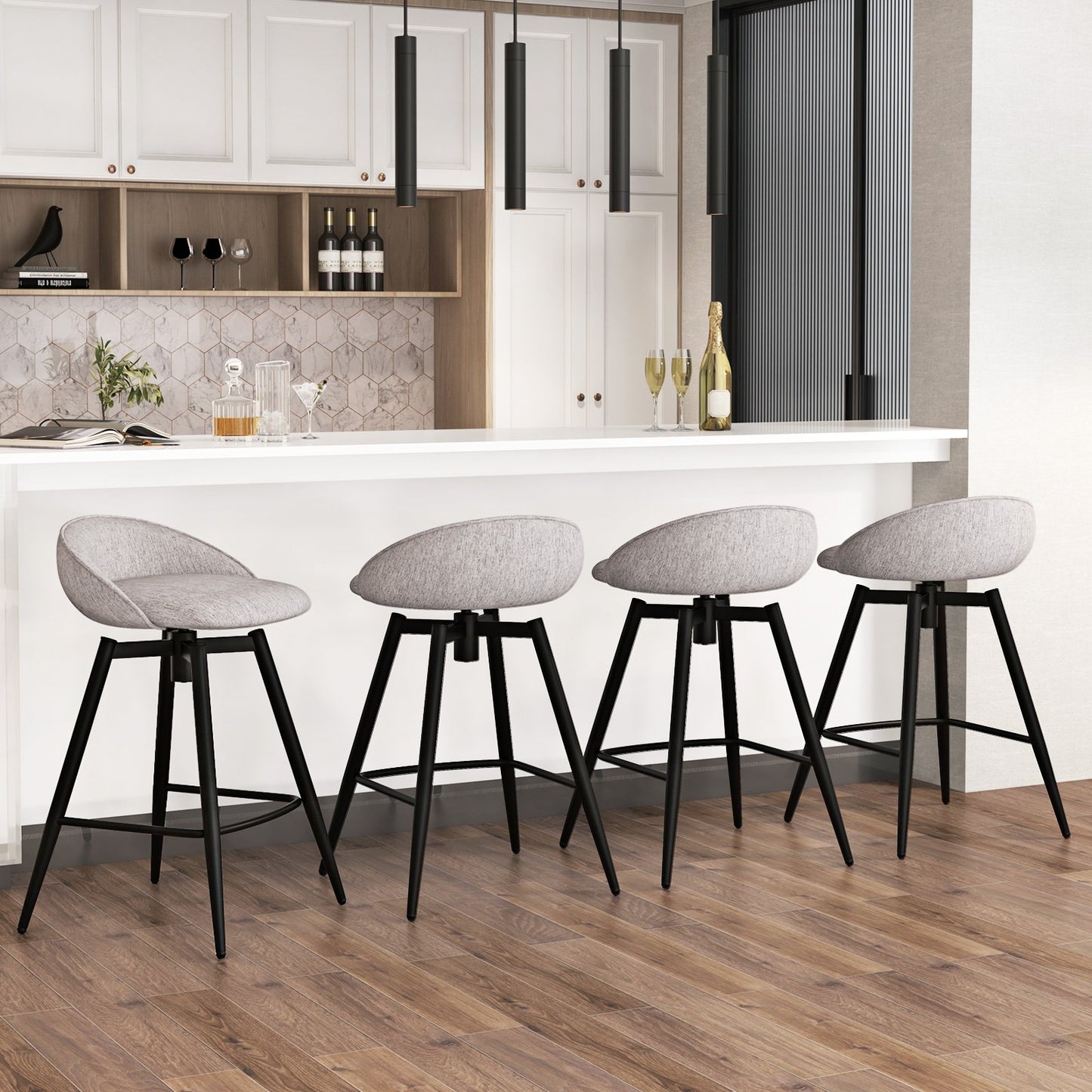 Upholstered Bar Stools Set of 2 with Footrest and Backrest-Beige