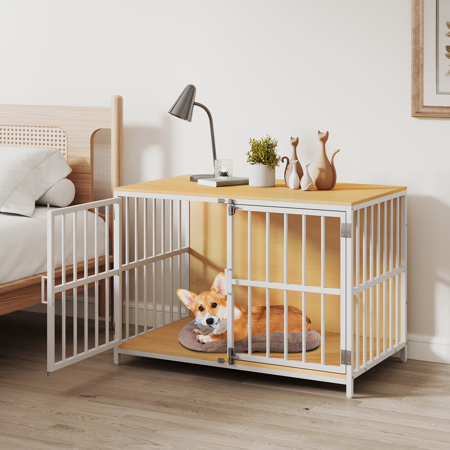 40 Inch Dog Crate Furniture Dog Kennel with Dual Lockable Double Doors-Natural