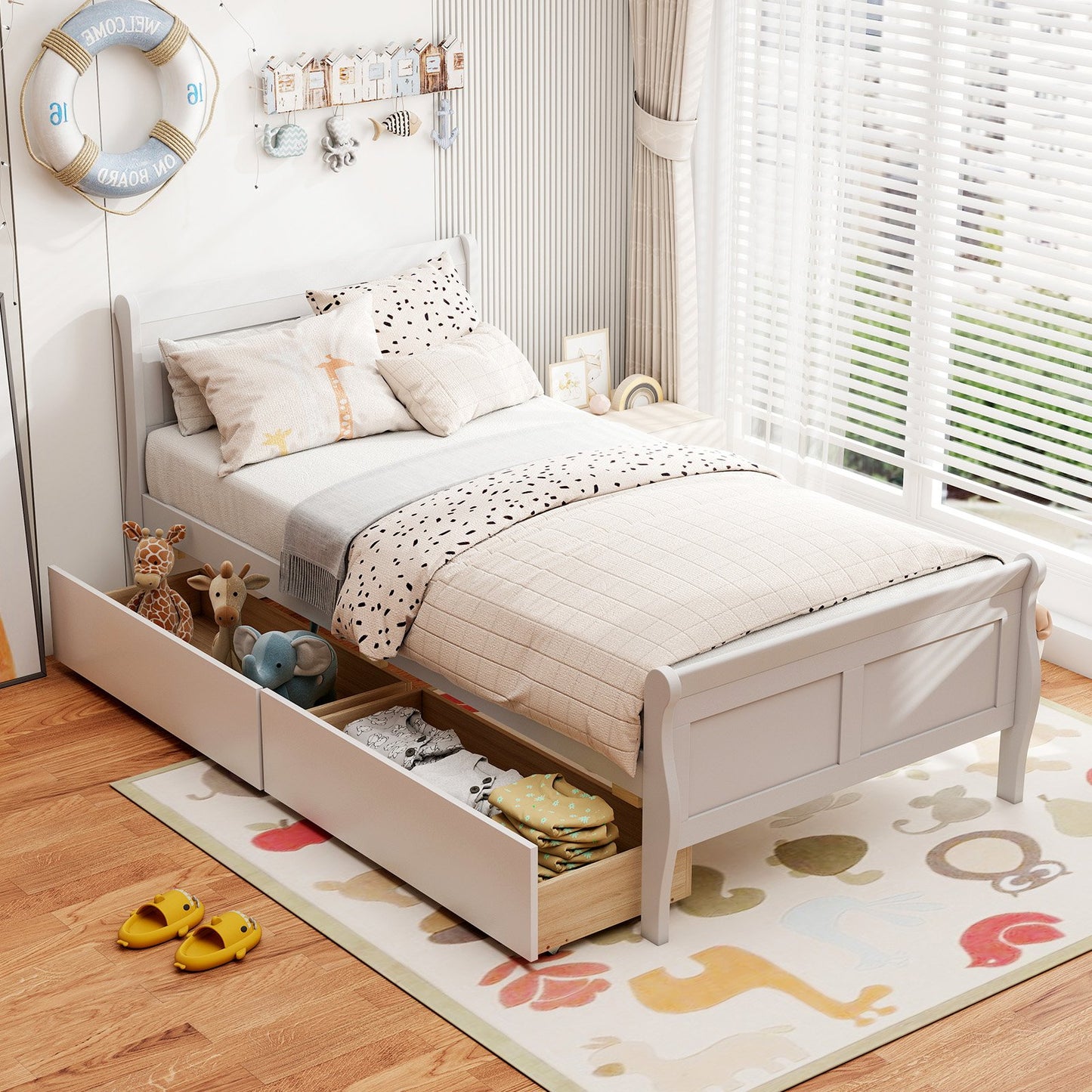 Twin Size Sleigh Bed with 2 Storage Drawers Wood Platform Bed Frame-Natural
