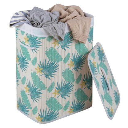 Green 19-gallon bamboo laundry hamper with removable liner and portable handles, ideal for bath or laundry room storage.