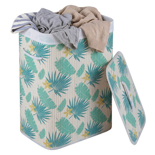 Green 19-gallon bamboo laundry hamper with removable liner and portable handles, ideal for bath or laundry room storage.