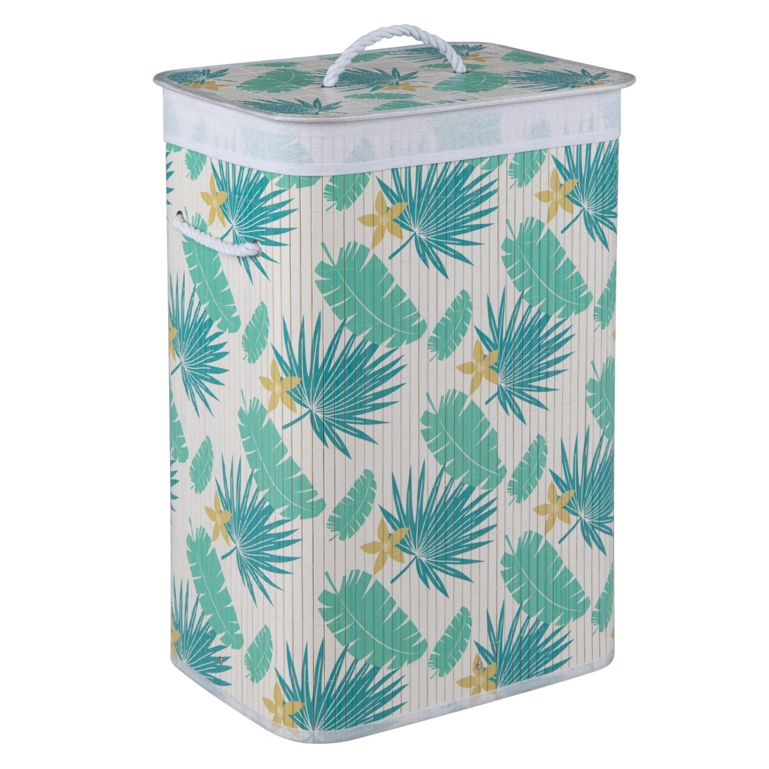 Green 19-gallon bamboo laundry hamper with removable liner and portable handles, ideal for bathroom or laundry room storage.