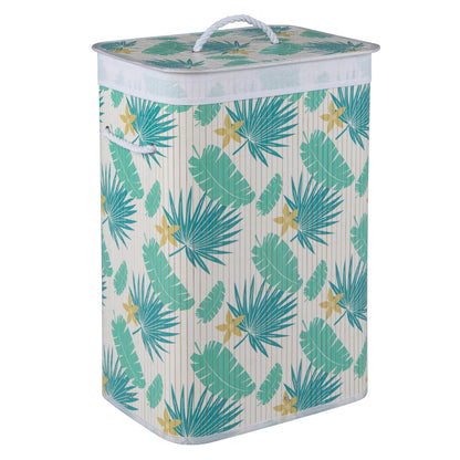 Green 19-gallon bamboo laundry hamper with removable liner and portable handles, ideal for bathroom or laundry room storage.