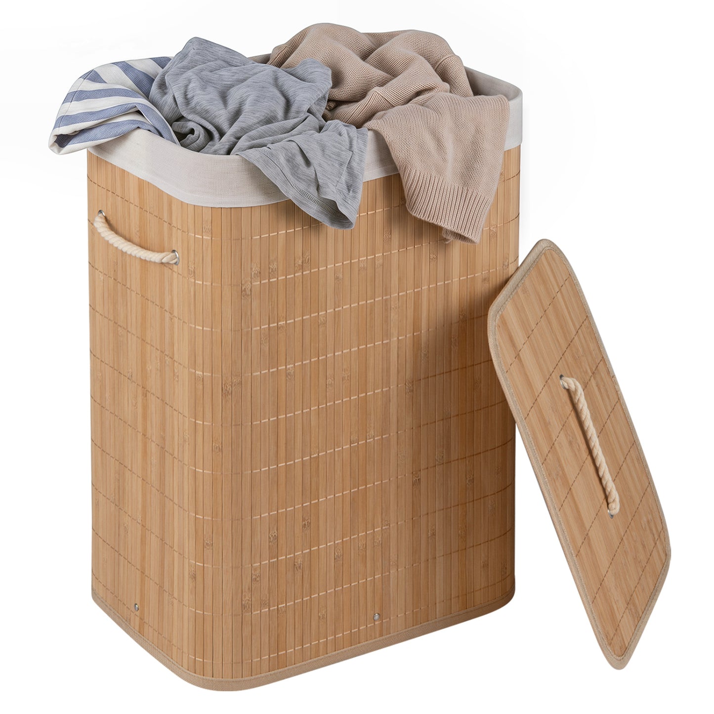 Green 19-gallon bamboo laundry hamper with removable liner and portable handles, ideal for bathroom storage and organization.