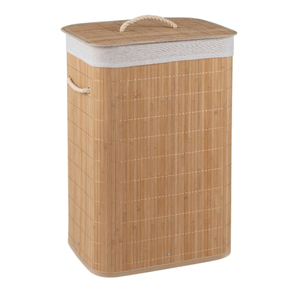Green 19-gallon bamboo laundry hamper with removable liner and portable handles, ideal for organizing clothes in the bathroom.