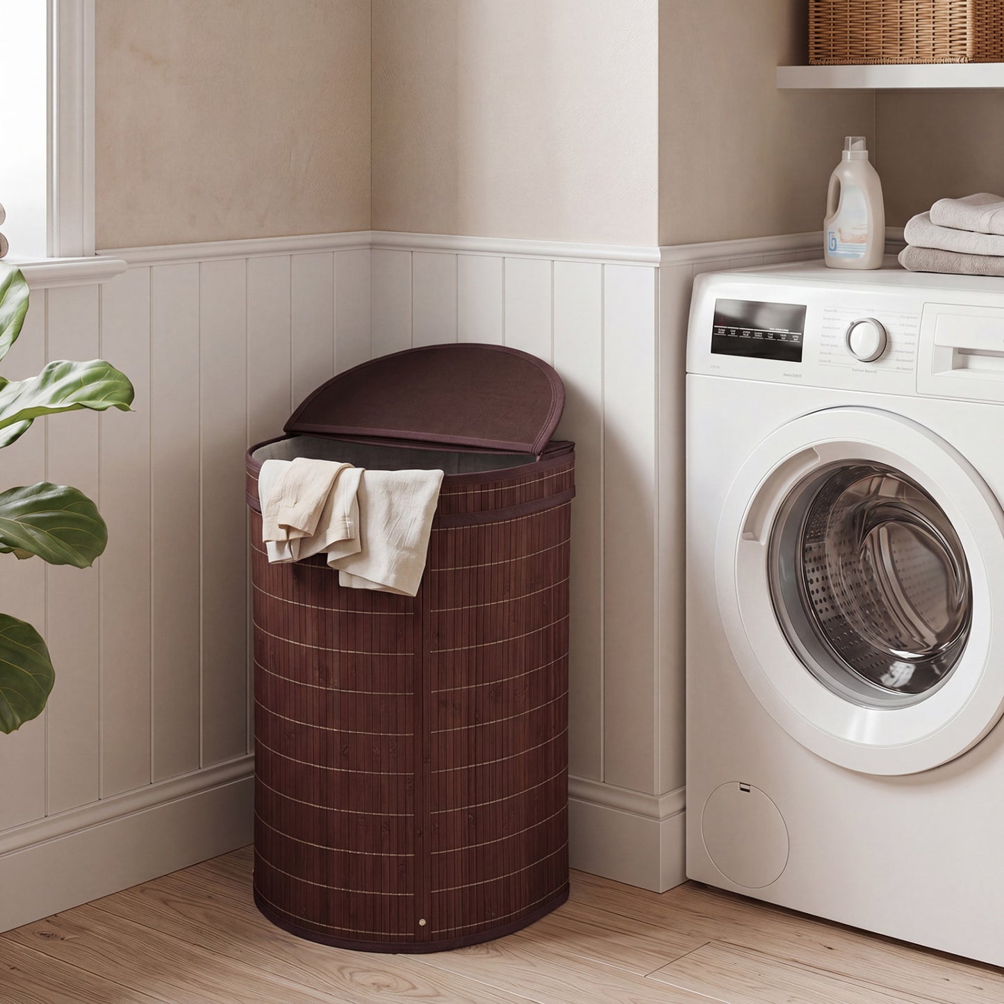 Brown bamboo laundry hamper with 19-gallon capacity and zippered lid, ideal for bath laundry storage.