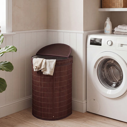 Brown bamboo laundry hamper with 19-gallon capacity and zippered lid, ideal for bath laundry storage.