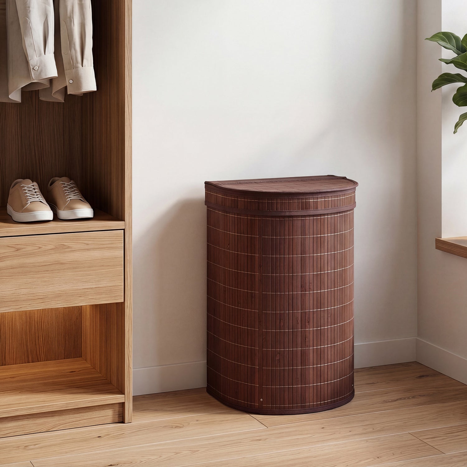 Brown 19-gallon bamboo laundry hamper with zippered lid, stylish and functional bath laundry basket by Direct by Wilsons Home Store