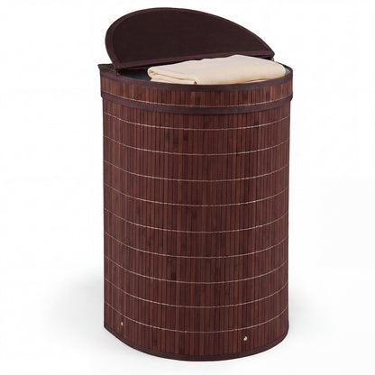 Brown 19-gallon bamboo laundry hamper with zippered lid, stylish and durable laundry basket for bathroom use.