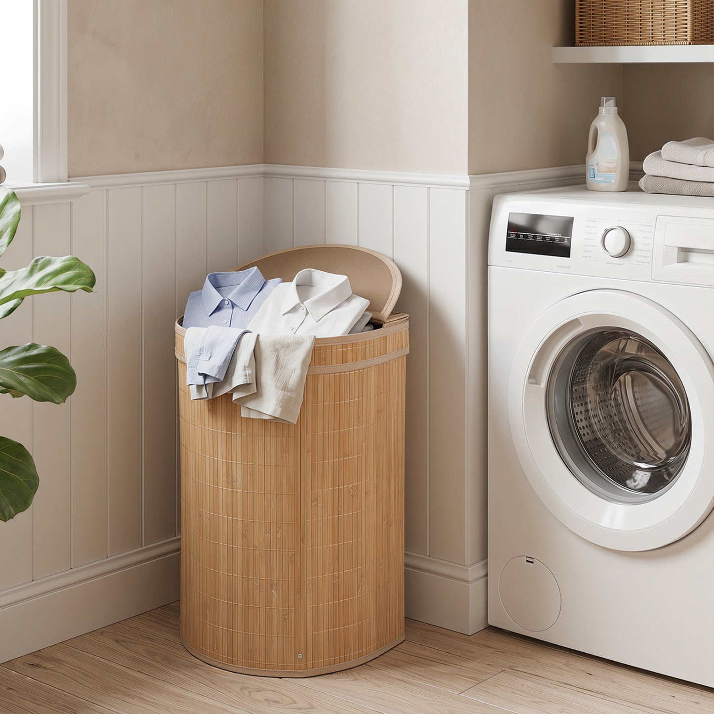 Brown bamboo laundry hamper with 19-gallon capacity and zippered lid, ideal for bath or laundry room storage.