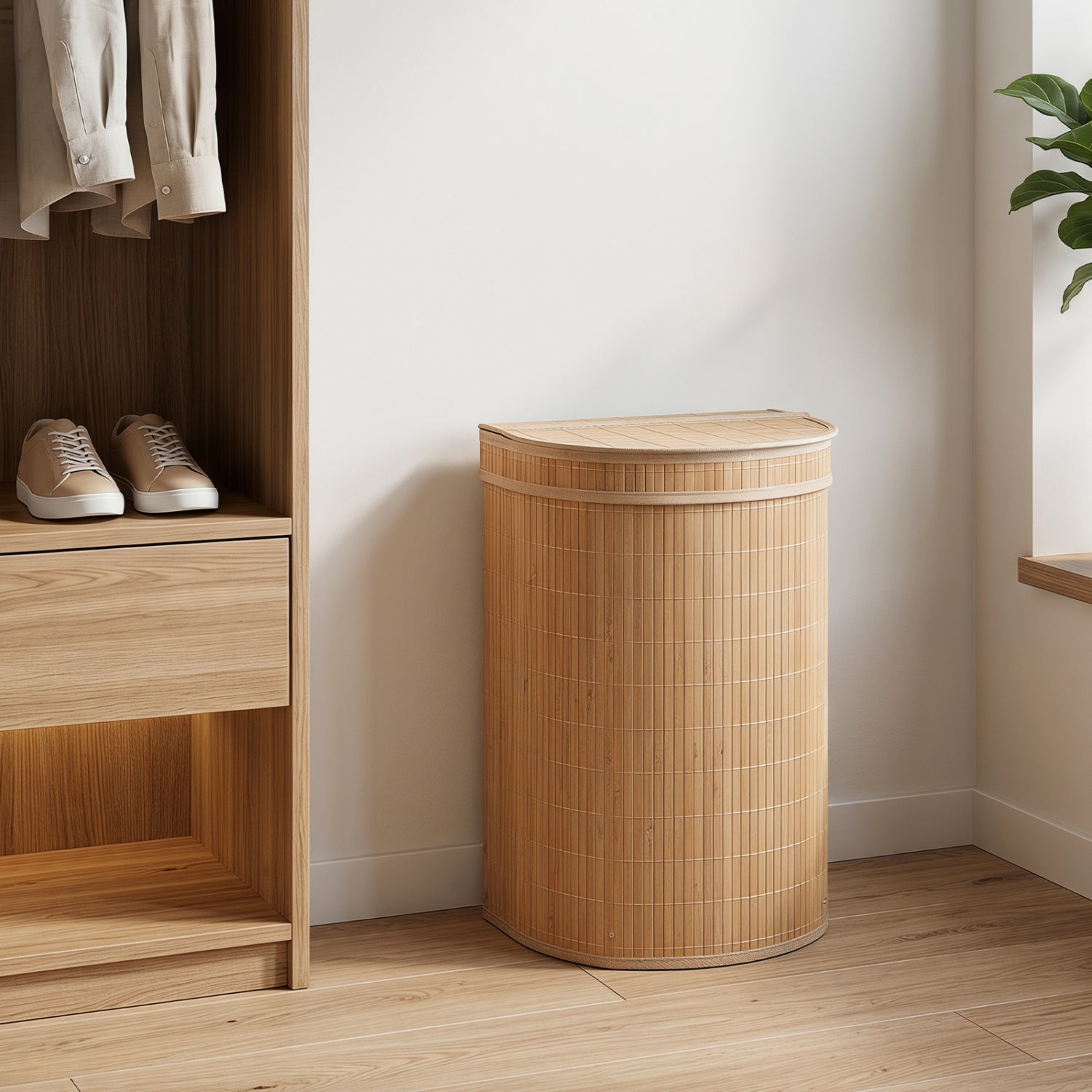 Brown 19-gallon bamboo laundry hamper with zippered lid, perfect for bath or laundry room storage.