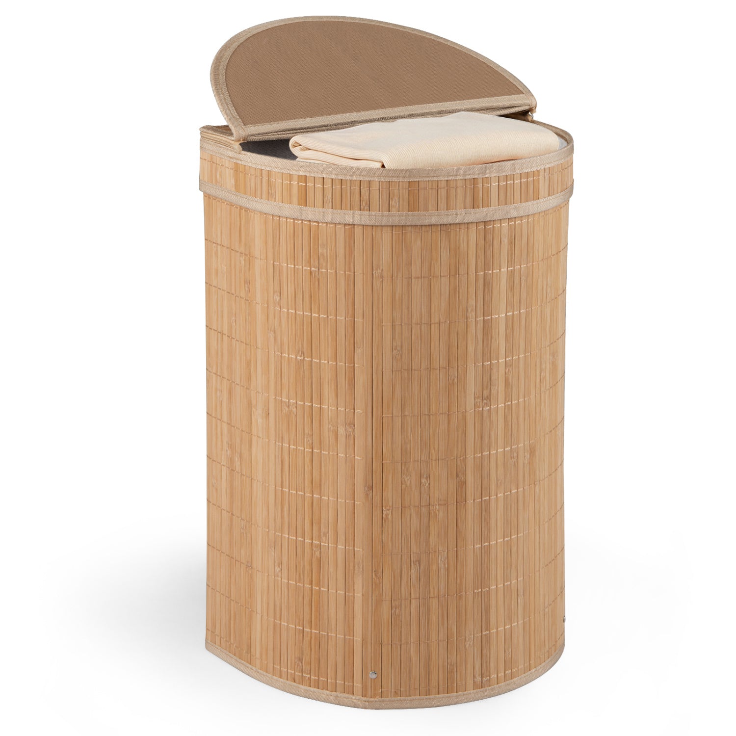 Brown bamboo laundry hamper with 19-gallon capacity and zippered lid, perfect for organizing laundry in the bathroom.