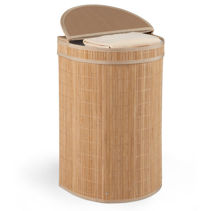 Brown bamboo laundry hamper with 19-gallon capacity and zippered lid, perfect for organizing laundry in the bathroom.