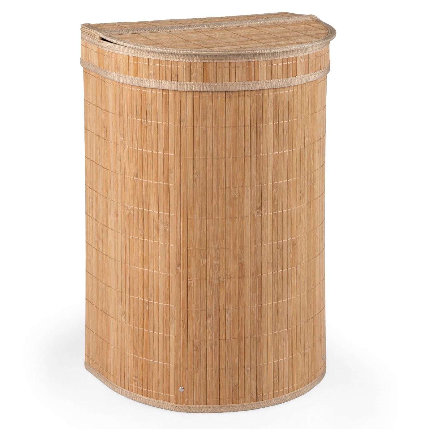 Brown 19-gallon bamboo laundry hamper with zippered lid for bath, featuring natural woven design and sturdy handles.