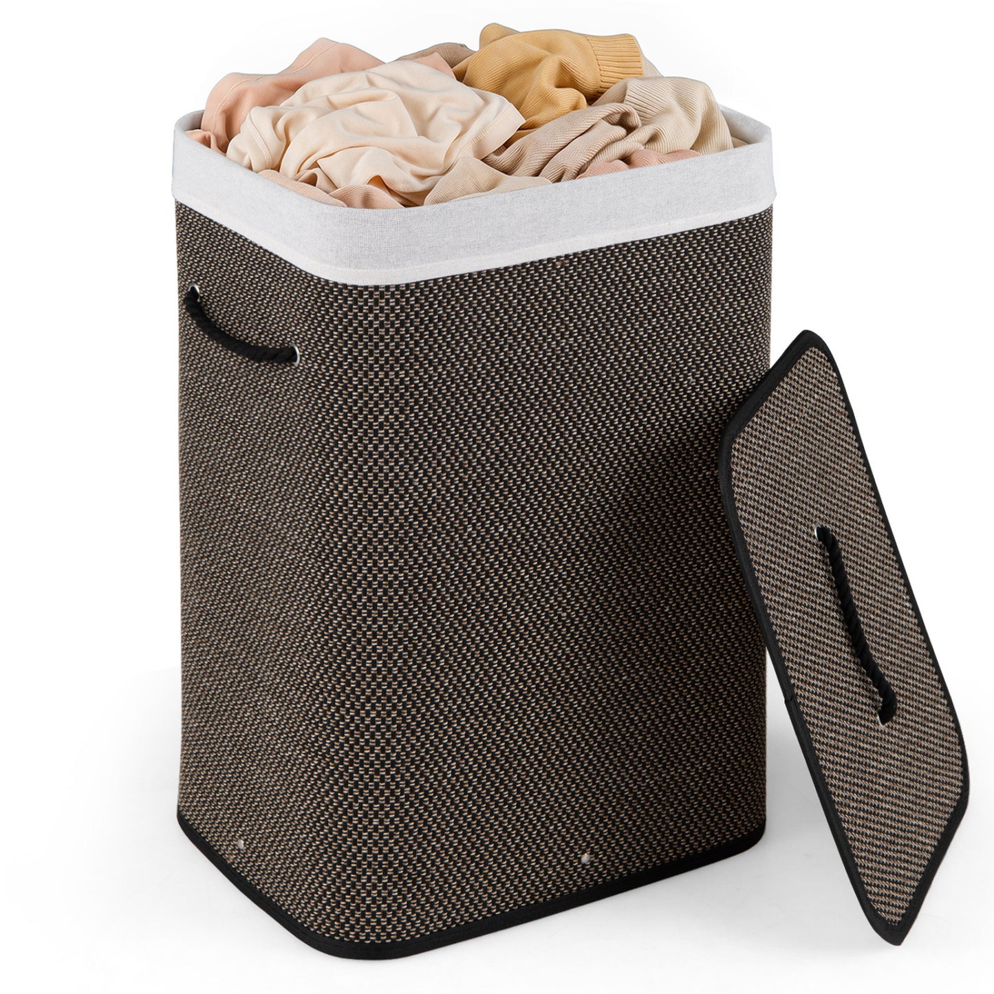 Black 19-gallon bamboo laundry hamper with removable liner and portable handles, ideal for bathroom storage and organization.
