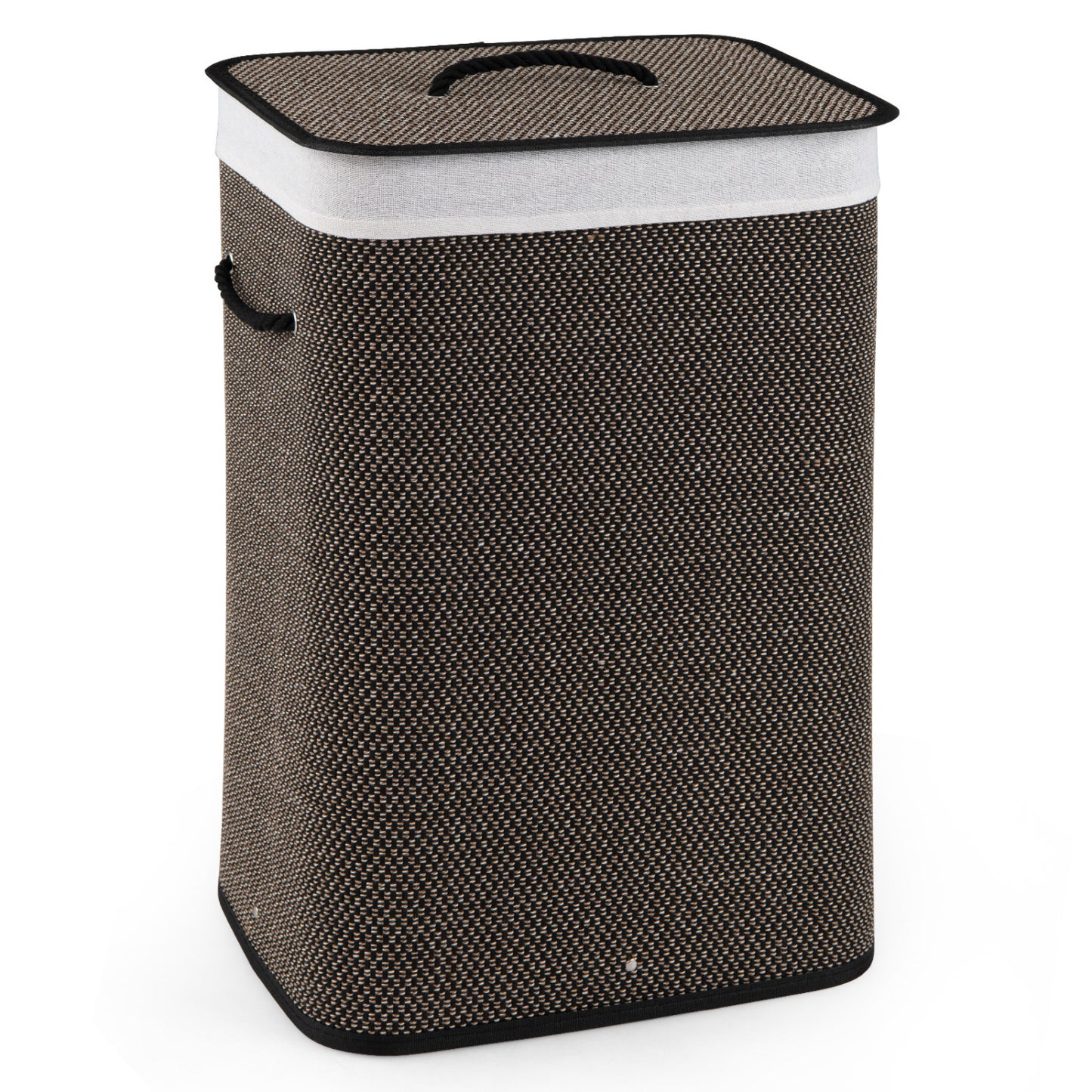 Black 19-gallon bamboo laundry hamper with removable liner and portable handles, ideal for bathroom or laundry room storage.