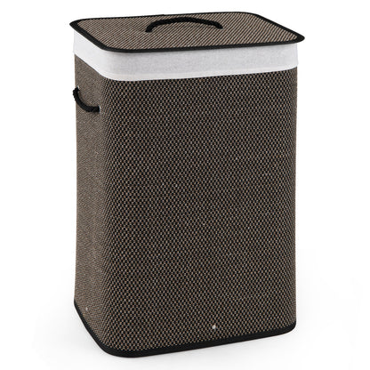 Black 19-gallon bamboo laundry hamper with removable liner and portable handles, ideal for bathroom or laundry room storage.