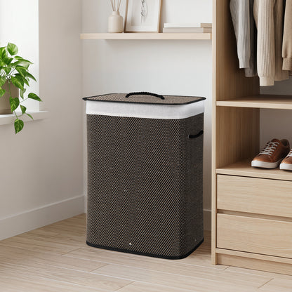 Black 19-gallon bamboo laundry hamper with removable liner and portable handles, ideal for bath or laundry rooms.