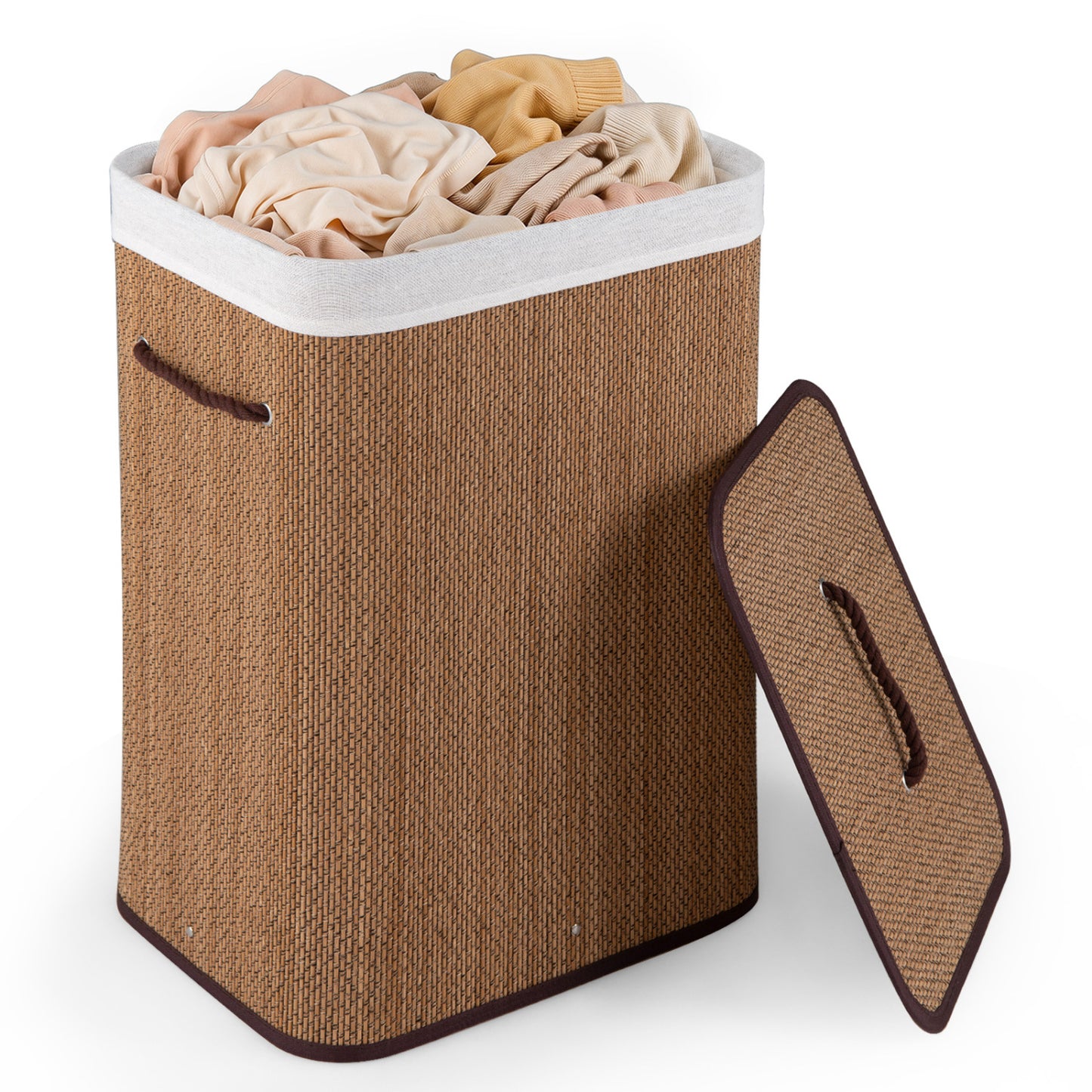 Black 19-gallon bamboo laundry hamper with removable liner and portable handles, perfect for organizing clothing and laundry.