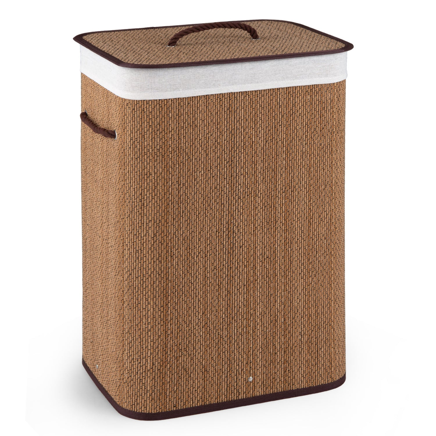 Black 19-gallon bamboo laundry hamper with removable liner and portable handles, ideal for bathroom or laundry room storage.
