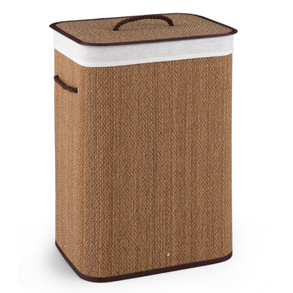 Black 19-gallon bamboo laundry hamper with removable liner and portable handles, ideal for bathroom or laundry room storage.