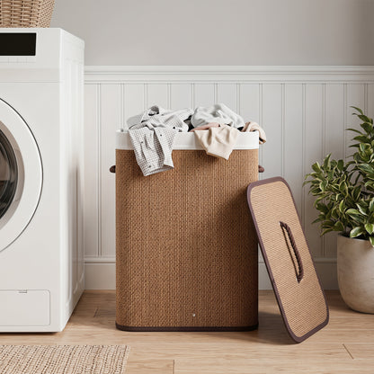 Black 19-gallon bamboo laundry hamper with removable liner and portable handles, suitable for bathroom or laundry room storage.