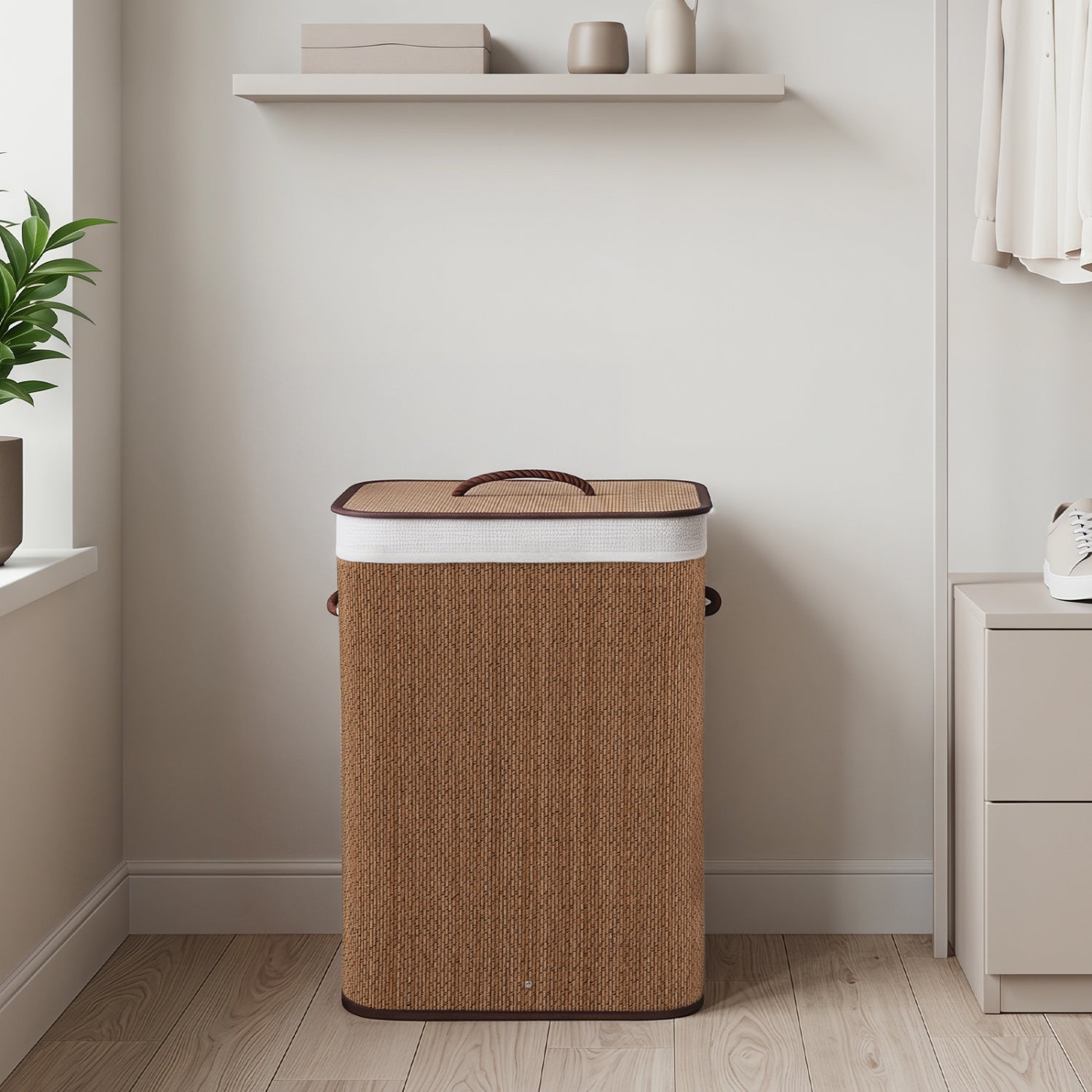 Black bamboo laundry hamper with 19-gallon capacity, removable liner, and portable handles for easy transport.