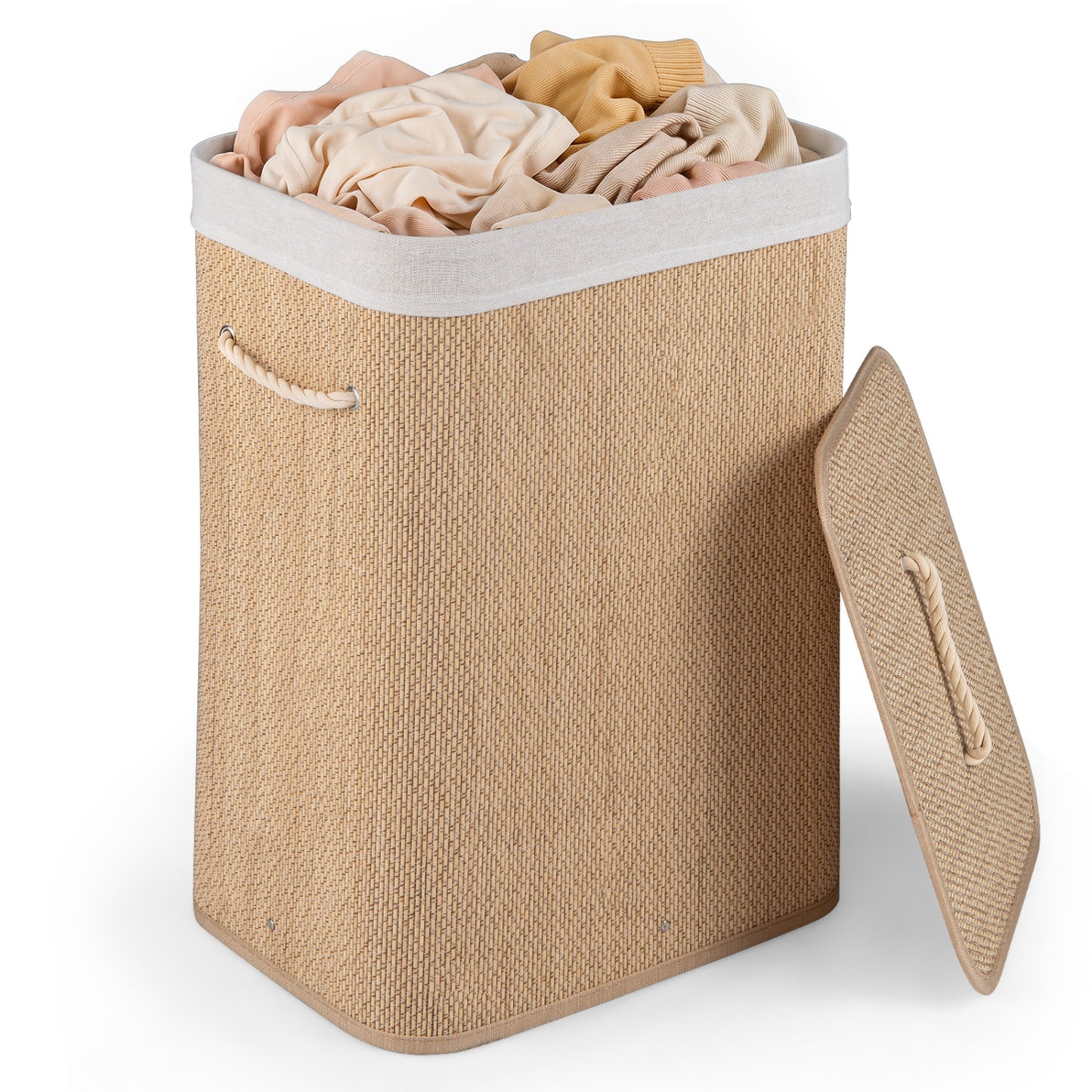 Black 19-gallon bamboo laundry hamper with removable liner and portable handles, ideal for bathroom storage and organization.