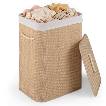 Black 19-gallon bamboo laundry hamper with removable liner and portable handles, ideal for bathroom storage and organization.